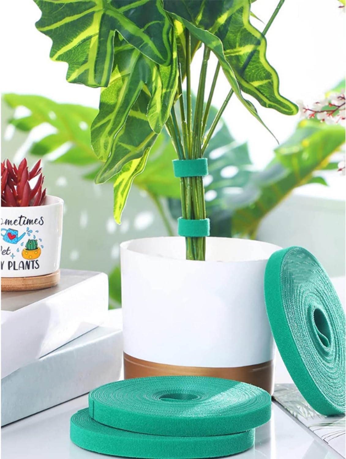 sousac Plant Ties Garden Tape, Reusable Adjustable Plant Clips for Climbing Plants, Green Nylon Self Adhesive Plant Twist Tie Strap to Support Gardening Plants (98.4 FT)