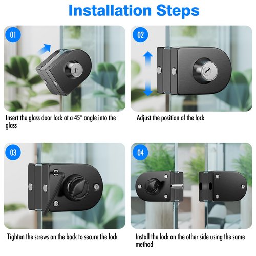 Ranbo Frameless Double-Sided Glass Door Lock,No-Drill, 304 Stainless Steel,Suitable for 3/8''-1/2''(10mm-12mm) Sliding Glass Doors, Office Doors, Commercial Doors, Includes 3 Keys, Brushed Black
