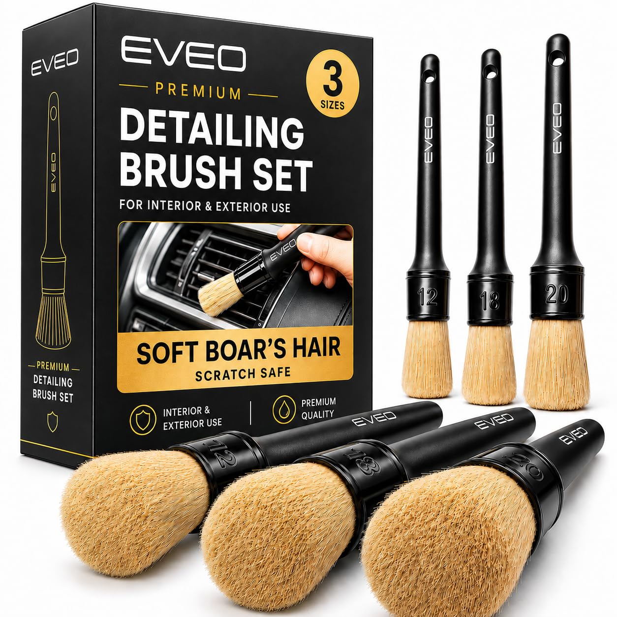 EVEO Car Detailing Brush Set - (3 Pack) Car Detailing Kit Interior, Car Interior Detailing Kit Car Detailing Brushes - Car Cleaning Brush, Car Detailing Brushes, Car Detailing Tools | Soft Boars Hair