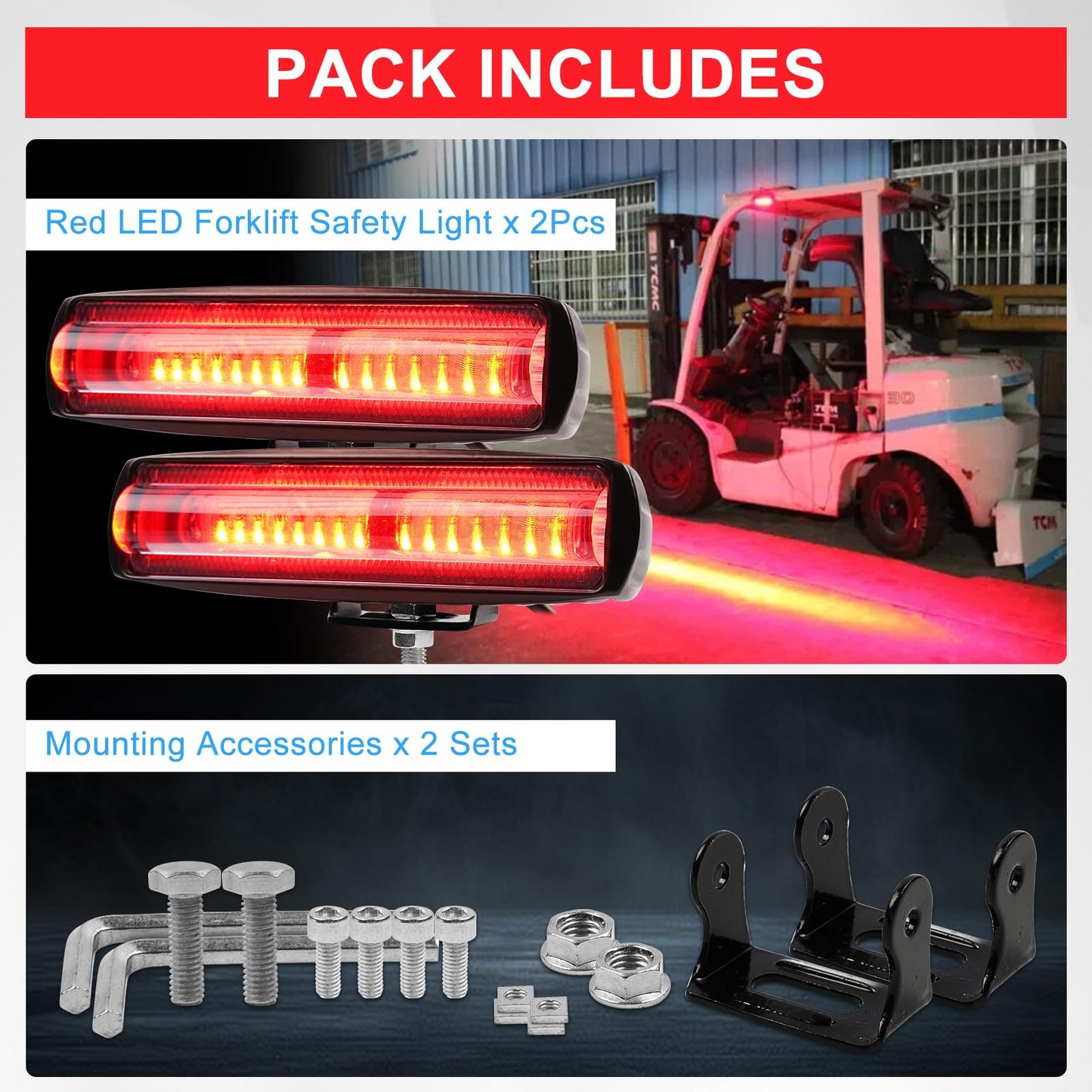 2 Pack Forklift Safety Light LED Forklift Warning Light, Pedestrian Red Zone Warning Lamp, Red Line Boundary Warehouse Work Light Truck 30W, DC12-80V