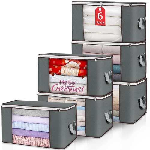 Budding Joy Clothes Storage, Foldable Large Blanket Storage Bags with Zippers, Storage and Organization for Clothing, Comforter, Bedding, Toys, Closet Organizers with Enhanced Handle, 60L 6 Pack Gray