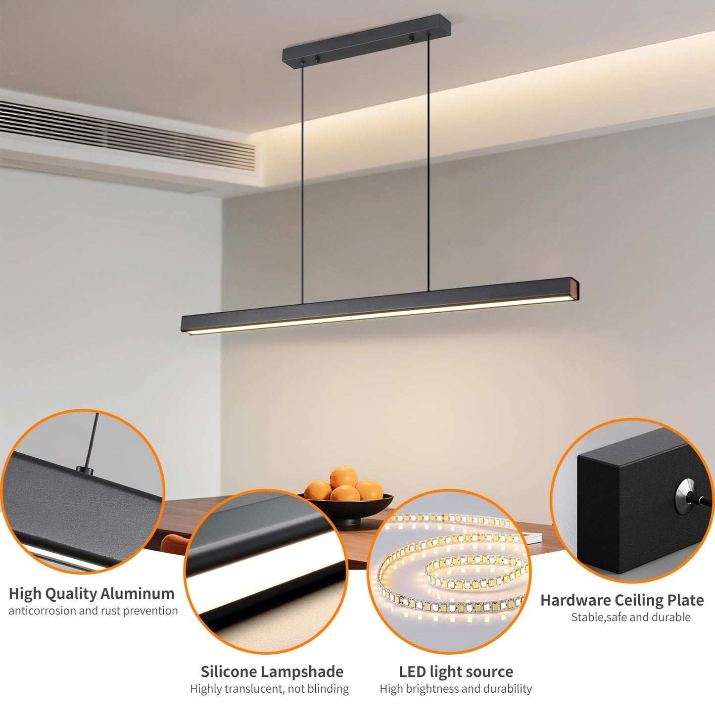 Modern LED Linear Pendant Light, 39IN Ceiling Chandlier Light Fixtures Hanging with Remote Control 3000k-6500K Adjustable Color Temperature Island Light for Dining Room, Kitchen