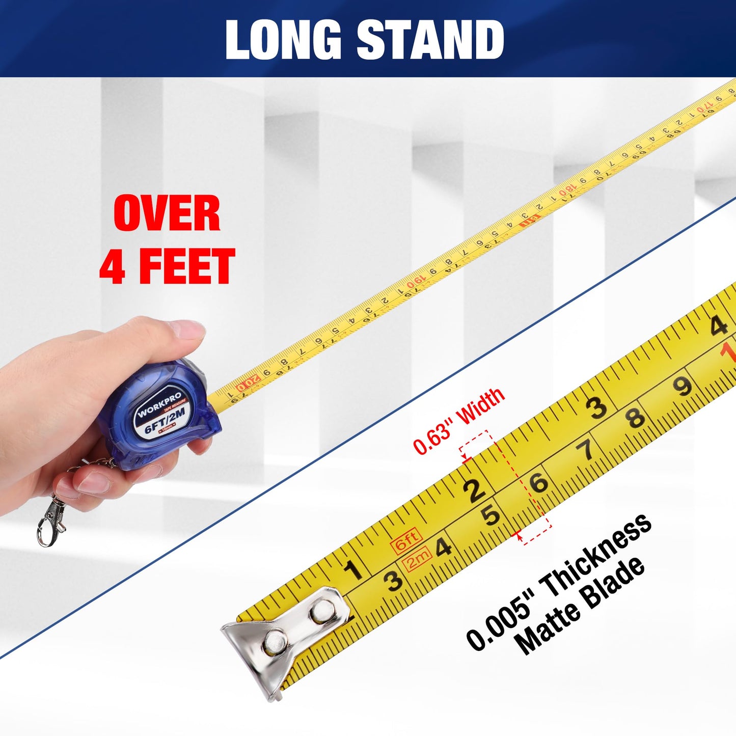 WORKPRO Mini Tape Measure, 2 Pcs 6FT Retractable Easy Reading Keychain Tape Measurement, Inch/Metric Scale Pocket Size Small Tape Measure for Engineer, Portable, ABS Protective Casing, Blue