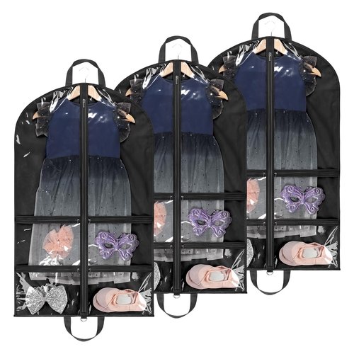 LOVEGRASS Kids Garment Bags for Dance Costumes, 40" Dance Garment Bags for Dancers with 4 Clear Zipper Pockets, Foldable Dance Competition Garment Bags for Hanging Clothes, 3 Pack, Black