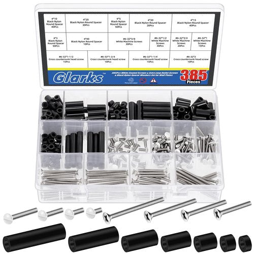 Glarks 385pcs White Wall Plate Screw Set, 3/8’’ 1/2’’ 3/4’’ 1’’ Long, Outlet Plate Screw and Long Electrical Outlet Screw with Nylon Round Spacer, Switch Panel Screw, Outlet Cover Screw for Wall Plate