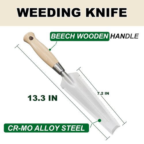 SUMIO 13.3" Alloy Steel Weeding Transplanter, Hori Hori Knife, Digging Trowel with Serrated Edge, Garden Root Cutter, and Dandelion Trowel for Propagation and Transplanting