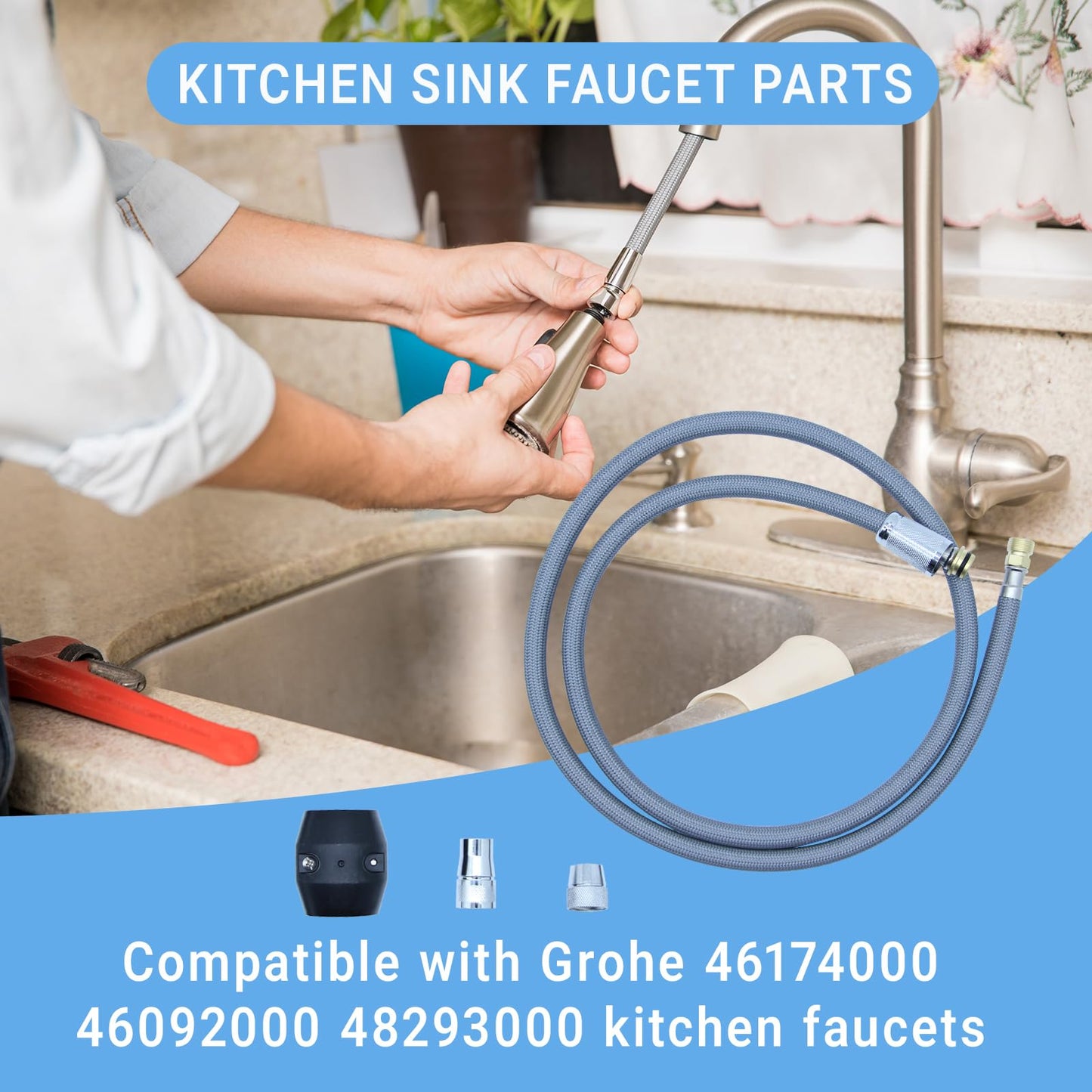 Compatible with Grohe 48293000 Kitchen Faucet Hose Replacement, 59" Pull-Out Spray Hose with Weight Ball & 3 Adapters, Fit for Grohe Ladylux 46174000 46092000, Flexible Kitchen Sink Faucet Parts