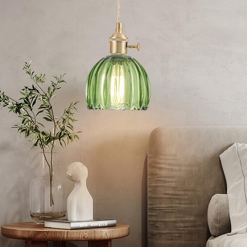 Mini Pendant Lights Kitchen Island 2 Pack, Small Adjustable Pendant Light Fixture with Green Tulip Glass Lampshade, Vintage Gold Pendant Lighting, Pendant Light for Bedroom Dining Room Hallway