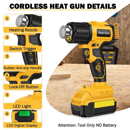 Foduuo Compatible with Cordless Heat Gun Dewalt 20V Battery,LED Light,350W Fast Heating Hot Air Gun 122℉-1022℉ Variable Temperature Control,5 Nozzle for Craft Shrinking PVC Stripping Paint-No Battery