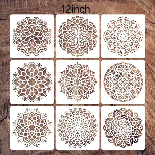 9 Pack Mandala Stencils for Painting,Reusable Paint Drawing Templates for Painting on Wood Floor Wall Canvas Tile Fabric,Creative Mandala Stencils for DIY Art Projects & Home Decor (12 inch)