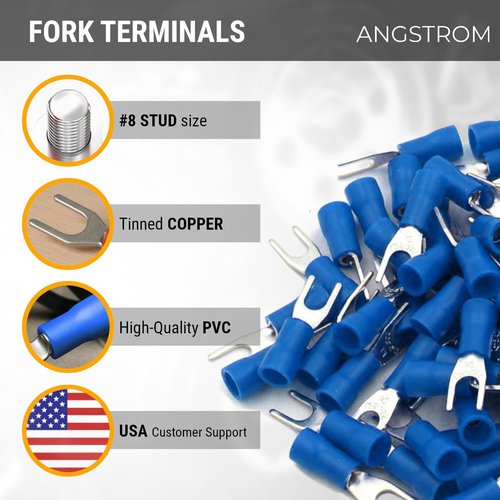 ANGSTROM Fork Spade Terminals, Insulated Electrical Crimp Connectors 100pcs (16-14ga Blue, #8 Stud)