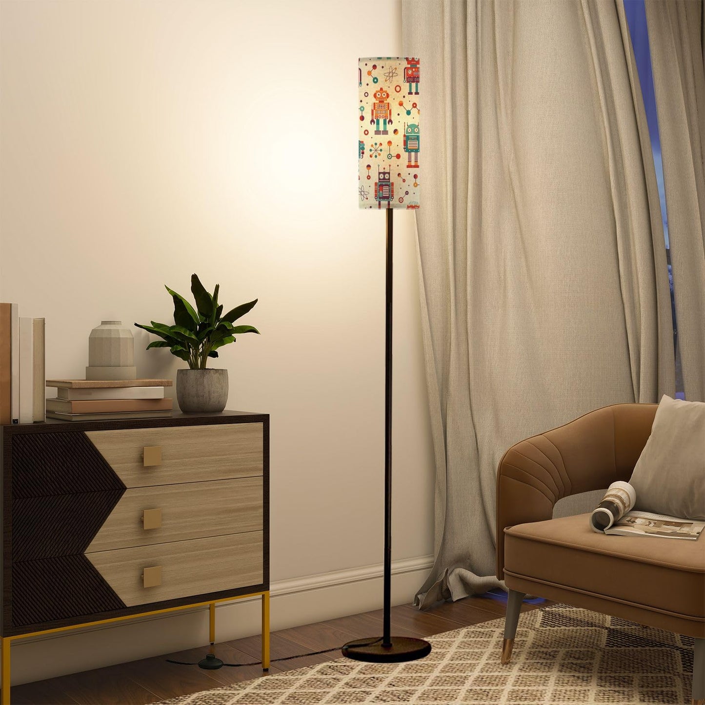 Modern Standing Lamps Vintage robots retro tin toys pattern Classic old school mechanical Floor Lamp Metal Pole Lamp with Linen Lampshade for Bedroom Living Room Office Nursery Reading Foot Switch