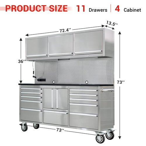 CT Copper Tailor 72-Inch Rolling Tool Chest with 11 Drawers & 4 Cabinets, Pegboard, Power Strip,LED Light,Mobile Workbench for Garage,Workshop,Stainless Steel