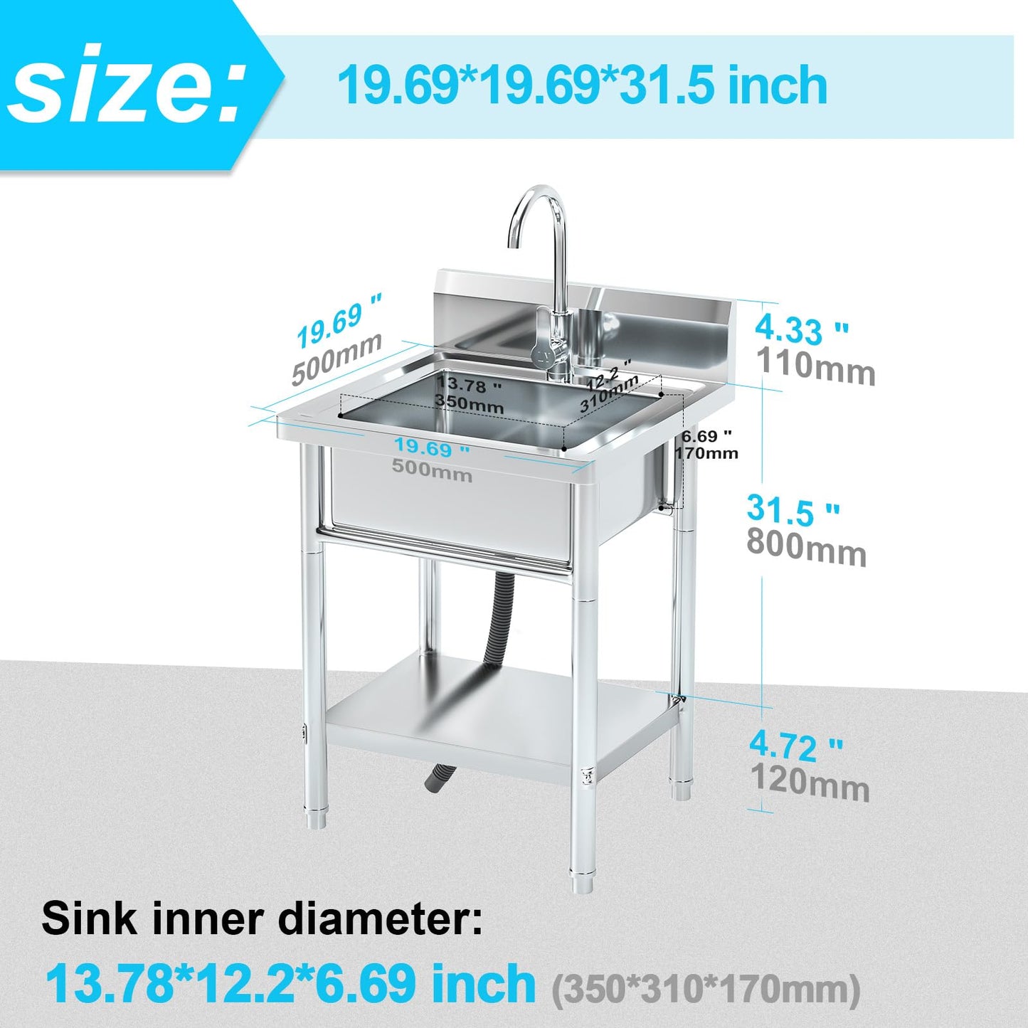 PurezmMoto Utility Sink Freestanding Single Bowl Laundry Sink with Hot and Cold Water Plumbing Stainless Steel Sink for Kitchen and Bathroom Farmhouse Style