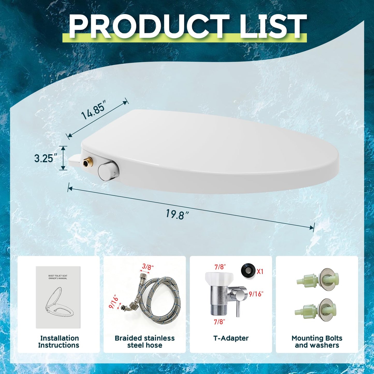 WITMYA Elongated Bidet Toilet Seat with Soft-Close Lid, Self-Cleaning Dual Nozzles, Non-Electric Bidet Seat with Adjustable Water Pressure, White Toilet Seat for Elongated Toilets with Brass