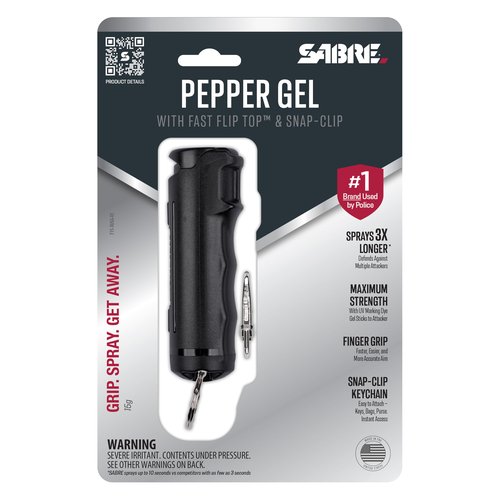 SABRE Pepper Gel with Fast Flip Top, Maximum Strength OC Spray, Snap Clip for Easy Carry and Fast Access, Finger Grip for More Accurate and Faster Aim, UV Marking Dye, 0.54 fl oz, Easy to Use Safety