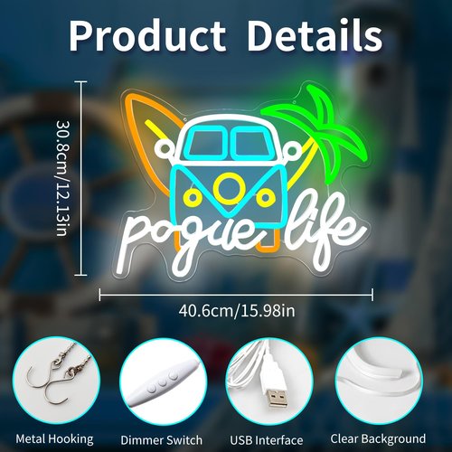 Vveikea Pogue Life Neon Sign Dimmable Out Banks Neon Lights for Bedroom Us Teen Tv Show Led Sign Summer Bus Van Neon Lights Suitable Dorm Office Home Led Wall Decor