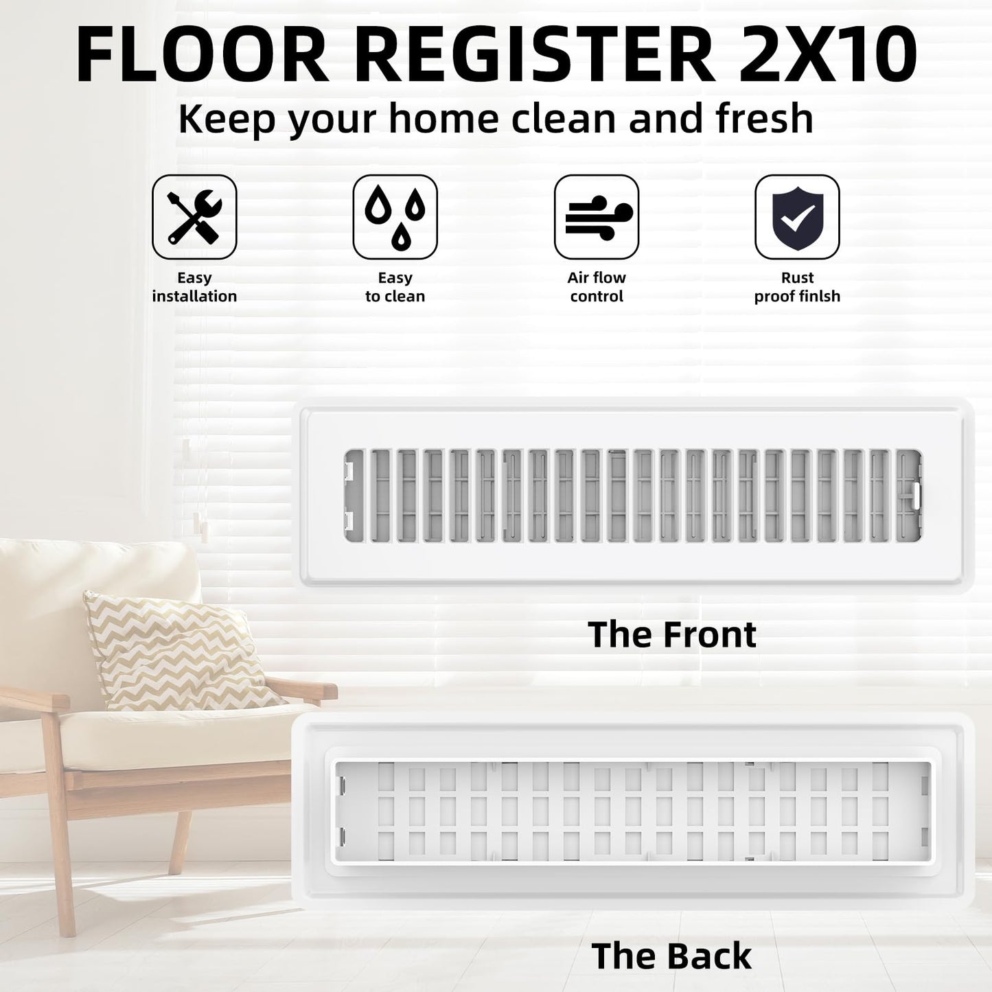 Floor Register 2x10, 4 Pack Floor Vent Covers for Home Floor Heavy Duty Steel Walkable Floor Grates Adjustable Air Vent Covers 2" x 10" Floor Vent, White