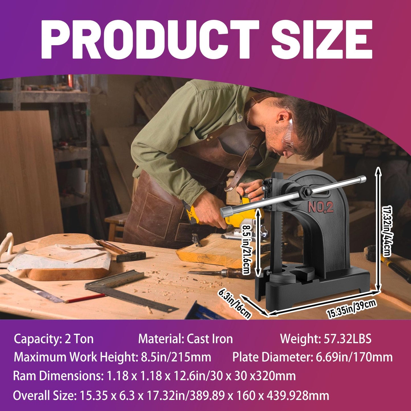 2 Ton Black Arbor Press‌, ‌Manual Arbor Presses‌ With 8.5" Height & 57.3 Lbs, Cast Iron ‌Manual Desktop Arbor Press‌ For Stamping/Bending