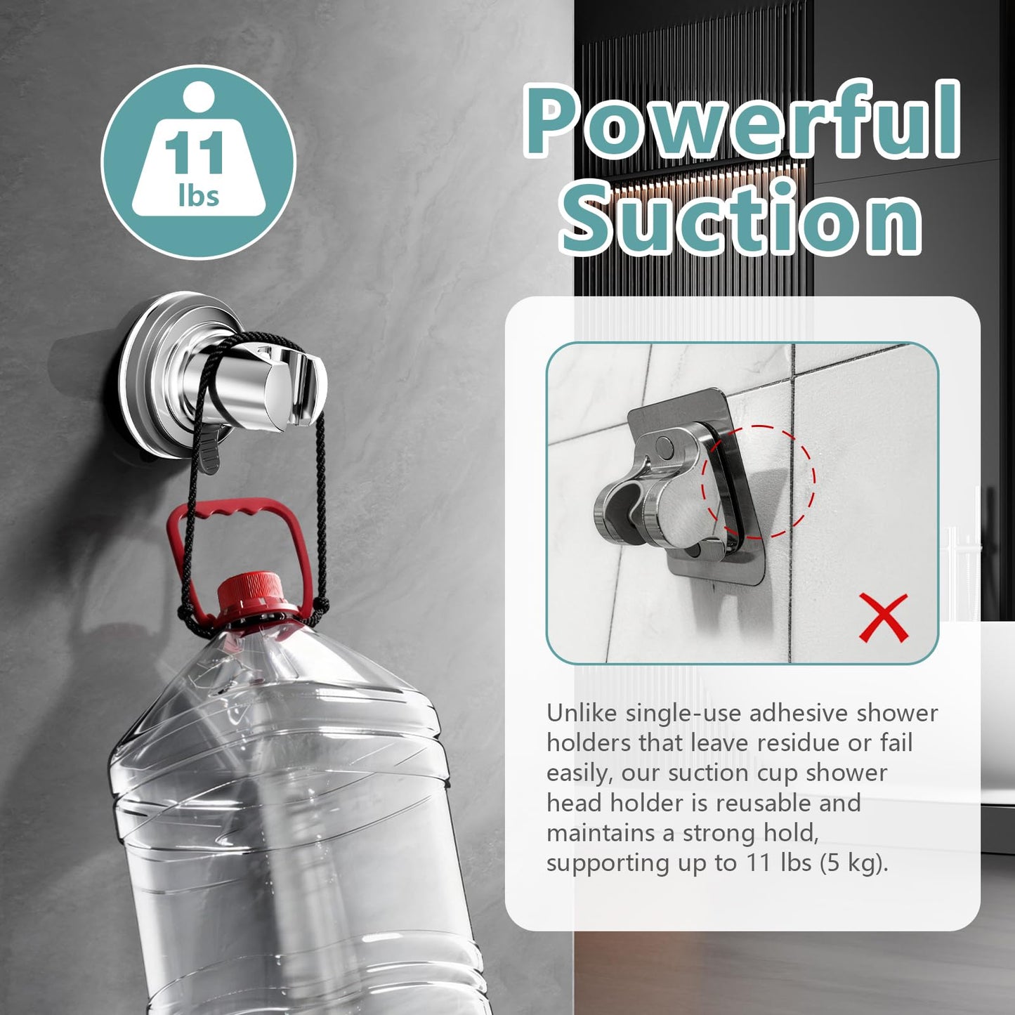 EAARSUO Handheld Shower Head Holder Suction, Removable No Drill Shower Wand Bracket Wall Mount, Vacuum Suction Cup Showerhead Holder Adhesive (1, Chrome)