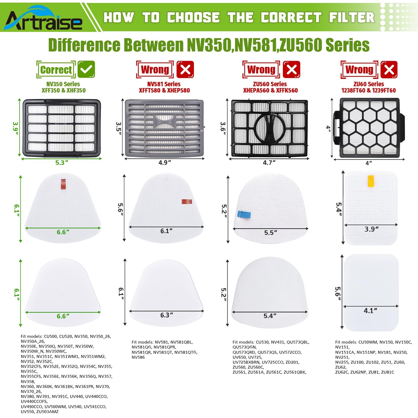 Artraise 1+3 Pack Filters for Shark Vacuum Filter Replacement, fit Navigator Lift Away NV350 NV351 NV352 NV355 NV356E NV360 NV370 UV440 UV490 UV540 CU500 Cleaner, Compare to Parts XFF350 & XHF350