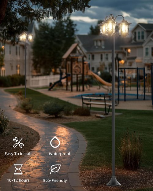 FIESTREL 73" Aluminum Solar Lamp Post Light, 3-Head Pole Lights 90LM Waterproof - Auto Dusk to Warm White Dawn Floor Lamp for Outdoor Garden Pathway Replaceable Bulb