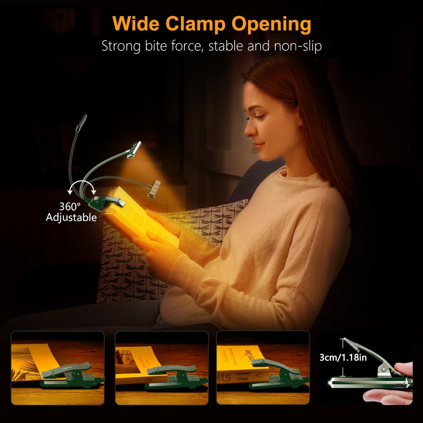 Gritin 19 LED Rechargeable Book Light for Reading in Bed with Memory Function- Eye Caring 3 Color Temperatures,Stepless Dimming Brightness,90 Hrs Runtime Clip on Light for Book Lovers-Dark Green