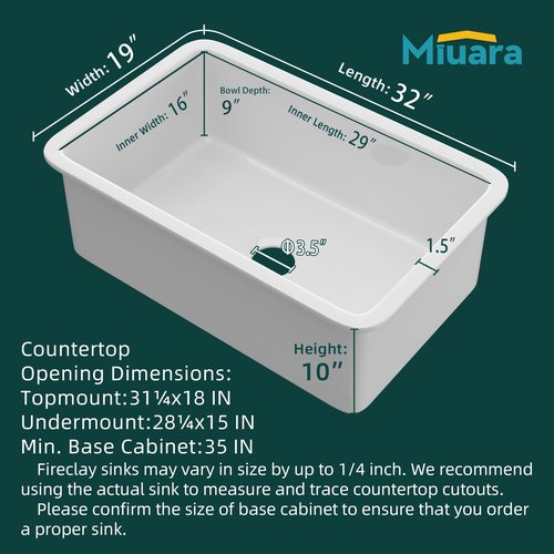 Miuara White Undermount Kitchen Sink 32 Inch - Topmount Fireclay Bar Sink Drop In 32"x19"x10", Dual Mount, Single Bowl, with 2 Custom Accessories, Glossy White, for Kitchen