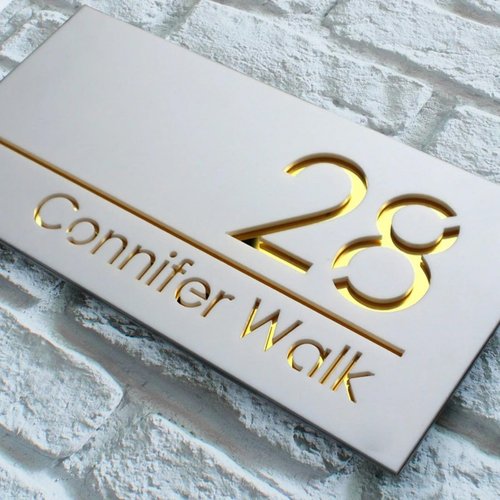 Customized Sign Outdoor House Numbers Plate Personalized House Number Plaque Modern Acrylic Laser Cut 3d Home Number Address Plaques with Street Name for House (White gold)