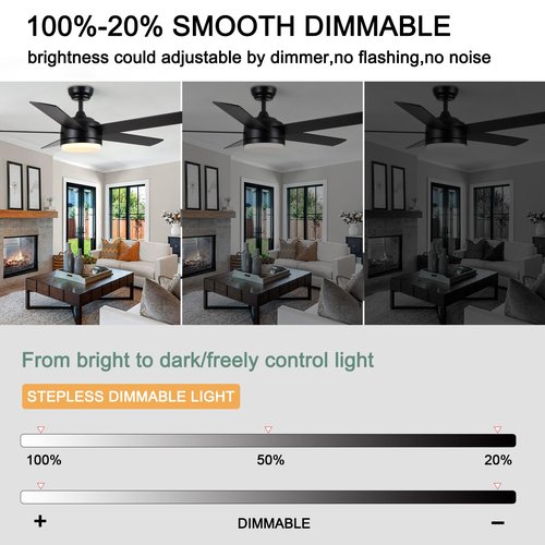 YUHAO 52 Inch Black Ceiling Fan with Light and Remote Control.Noiseless,Dimmable,3CCT,6 Speeds Reversible, DC Ceiling Fans for Indoor or Covered Outdoor