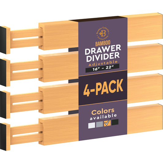 4 Pack Drawer Dividers Bamboo 2.6" High, 16-22" Adjustable Drawer Organizers for Clothes, Expandable Dresser Separators in Bedroom/Bathroom/Kitchen/Office Organization and Storage (Natural)