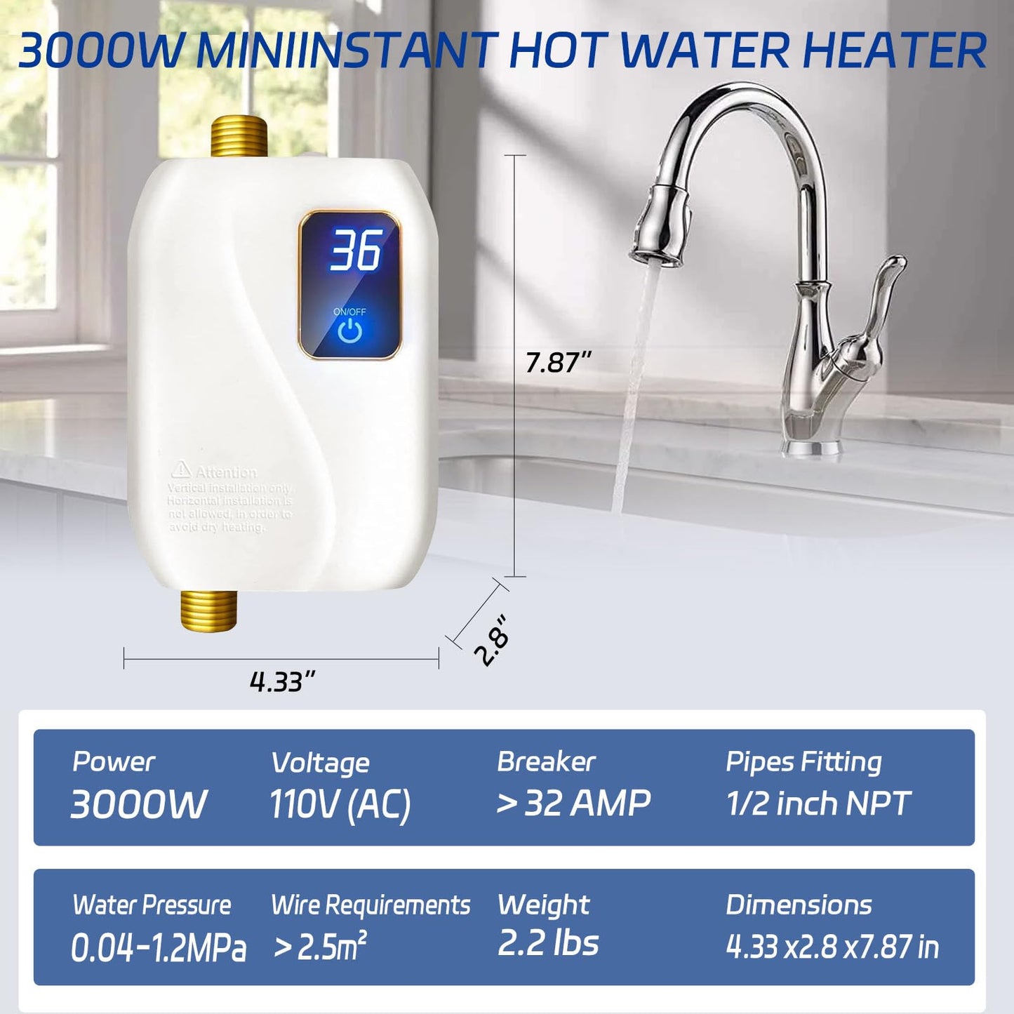 Tankless Water Heater Electric 110V, 3000W Instant Electric Water Heater, Under Sink Water Heater with Digital Display, On Demand Hot Water heater Electric for Kitchen Bathroom Washin