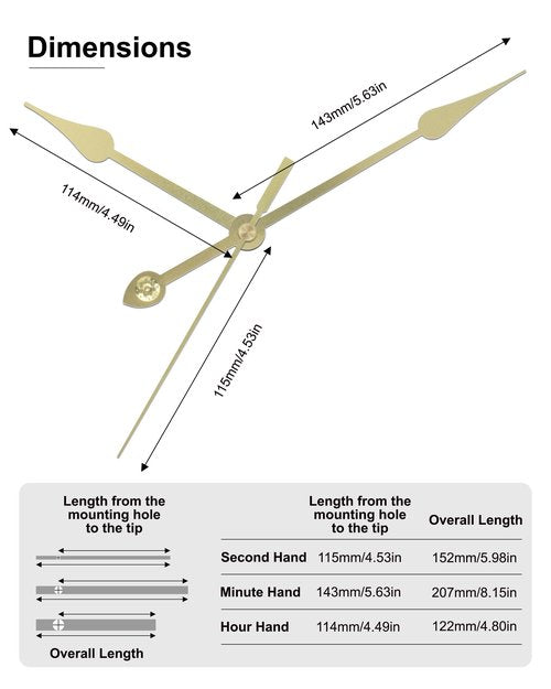 MCDFL Clock Hand Kit (Gold, 8 Set, Rustic) for Clocks Dial Diameter of 300mm/11.81in or More, Thick Mounting Hole, Mid Century Farmhouse Hardware Hands Grandfather Wall Mechanical Push in Mechanism