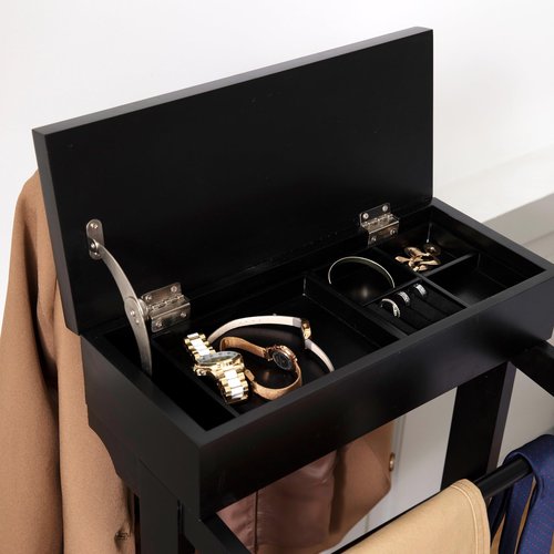 RELAHOGAR Wooden Valet Stand for Men, Clothing Valet Stand with Tray Organizer, shoe shelf and Hanging Suit, Freestanding Portable Coat Rack for Entryway, Bedroom, Office
