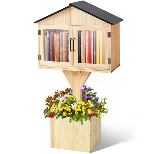 Wonderjune Wooden Little Library Box Outdoor Free Library, Large Size, Double Door Box Storage with Floor Plugs and Small Flower Fence for DIY Neighborhoods, Community, Literature, Newspapers