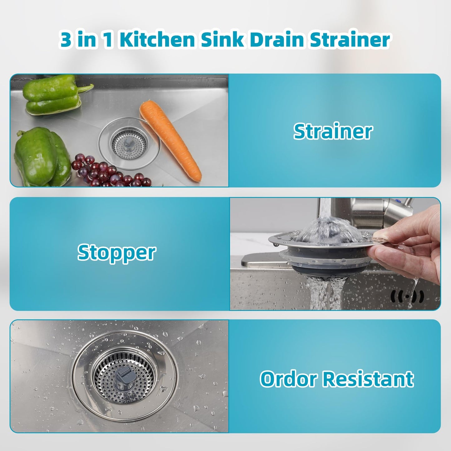 Hibbent 2 Pack 3 in 1 Kitchen Sink Drain Strainer, Stainless Steel Wrapped Shell Drain Stopper Combo, Pop Up Sink Stopper, Anti-Clogging Strainer with Foldable Handle for US Standard 3-1/2" Drain
