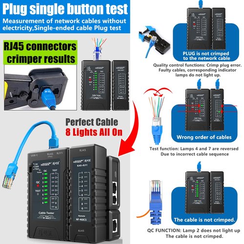 NF-468CS Network Cable Tester,RJ45/RJ11/CAT5/CAT6/CAT5E/CAT6A/ CAT7/POE Test UTP/STP Continuity Tester Ethernet Cable Mapper Phone Line CAT3, Ethernet Cable Tester, LAN Cable Test Network Tools