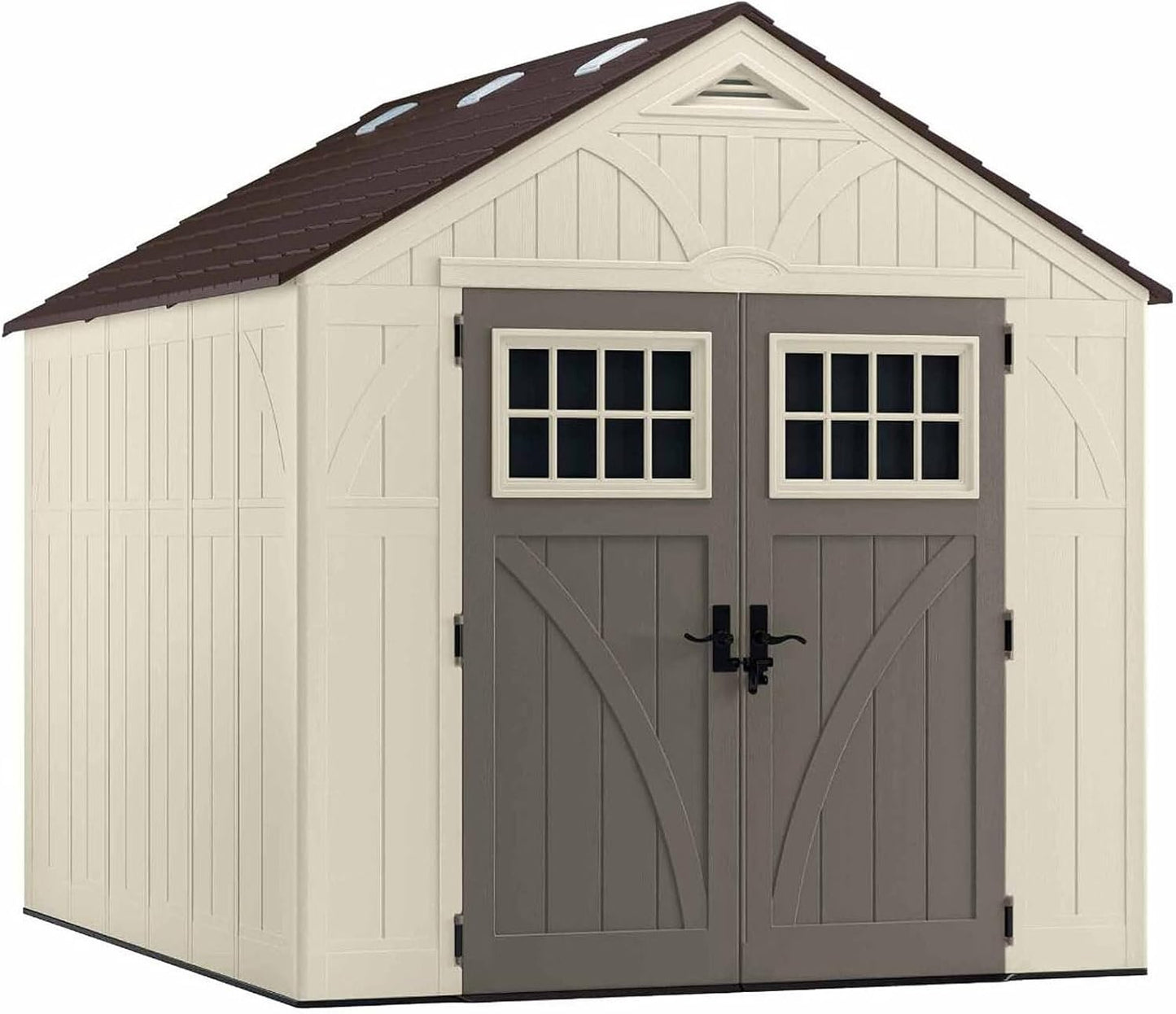 Suncast 8’x10’ Tremont Resin Shed, Vanilla & Slate – Backyard Storage Unit with Skylights, Corner Shelves, Reinforced Floor & Double Doors – Store Lawn Mower, Garden Equipment & Outdoor Tools