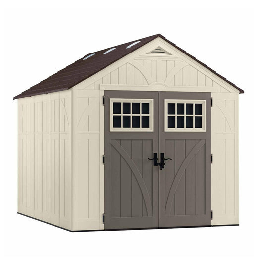 Suncast 8’x10’ Tremont Resin Shed, Vanilla & Slate – Backyard Storage Unit with Skylights, Corner Shelves, Reinforced Floor & Double Doors – Store Lawn Mower, Garden Equipment & Outdoor Tools
