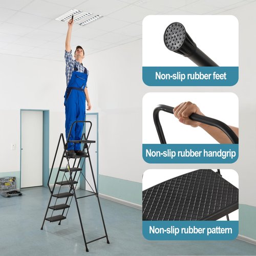 Step Ladders 6 Step Folding, Folding Step Ladder with Tool Tray & Handle, Step Stool Ladder with Rubber Feet Capacity 500lbs, Tall Ladders for Home High Ceilings (Black, 6 Tier Iron with Tray)