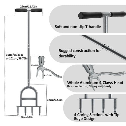 NovoLido Lawn Aerator Tool 2 in 1, Manual Lawn Coring Aerator with 4 Claw Weed Remover Tool for Gardening, Garden Tool & Cleaning Hand Tool for Soil Compaction and Improving Lawn Yard & Garden Health