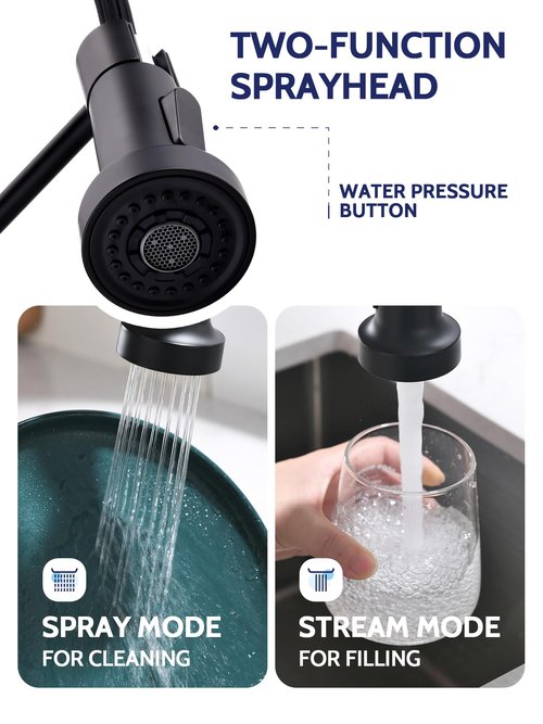 LUFEIDRA Black Kitchen Faucets with Pull Down Sprayer - High Arc Spring 304 Stainless Steel Single Hole Sink Faucet with Dual Function Pull-Down Sprayer for Bar Rv Kitchen, Matte Black
