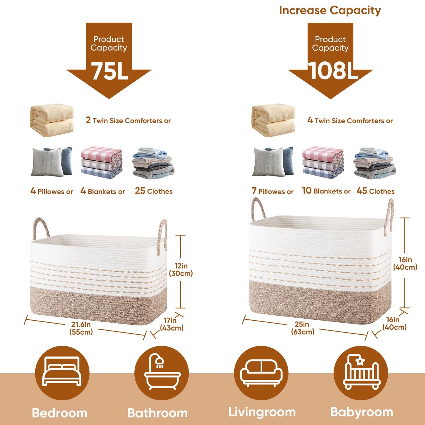 OIASKET 75L Large Cotton Rope Storage Basket, Soft Decorative Blanket Basket for Living Room & Bedroom, Boho Laundry Hamper with Handles Capable of Holding Pillows, Clothes and Toys-Brown & White