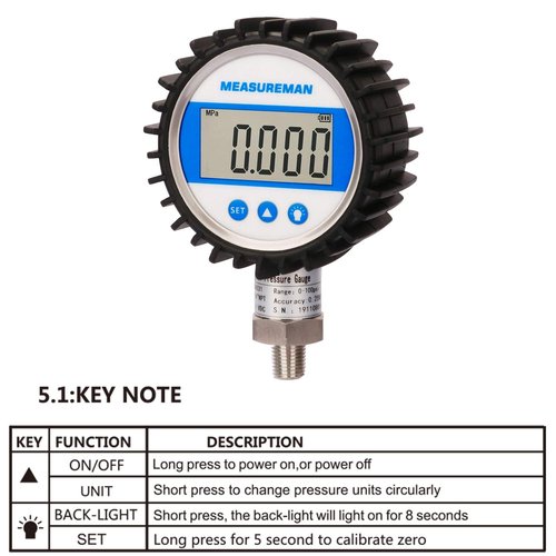 MEASUREMAN 3-1/8" Dial Size, Digital Pressure Gauge, 0-300psi/bar/Mpa/Kpa, 1/4" NPT Lower Mount, 0.25% Accuracy