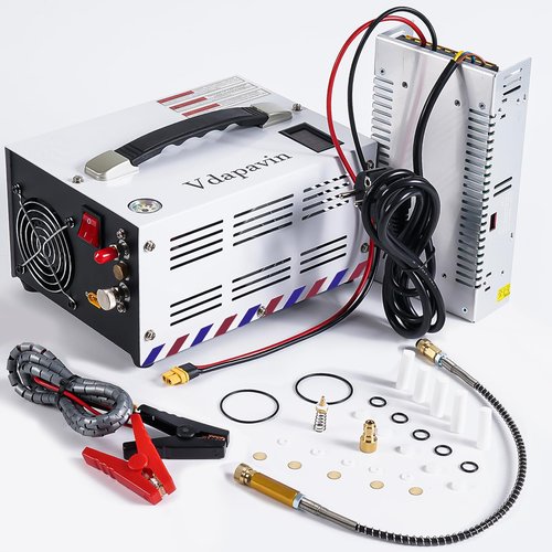 PCP Air Compressor, 4500Psi Portable Compressor, 12V DC/110V AC PCP Air Gun Compressor Manual Off, Built-in Cooling Fan with Power Adapter, Suitable for Paintball, Air Rifle, Diving Bottle