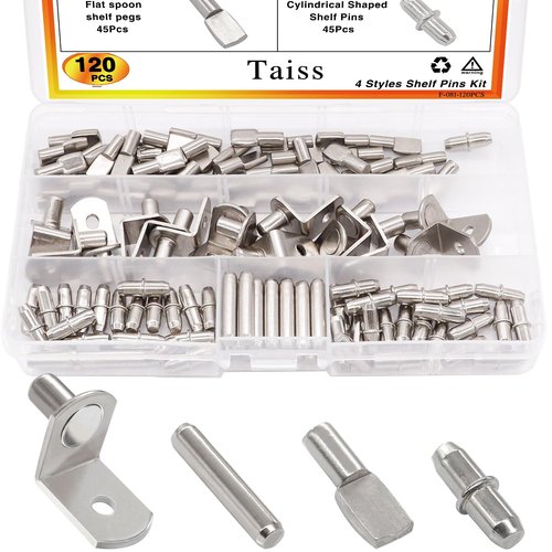 Taiss 120PCS Shelf Pins Kit 4 Styles,Nickel Plated Shelf Support Pegs,Shelf Bracket Pegs,Bookshelf Pegs,Shelf Holders pegs,Kitchen Cabinet Shelf pegs for Shelves Kitchen Furniture and Closet