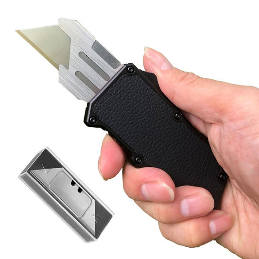 Caressolove Automatic Utility Knife, Black Razor Blades Pocket Knife, Box Cutters Retractable Heavy Duty, Premium Safety Push Button Knife with 5PCS Blades