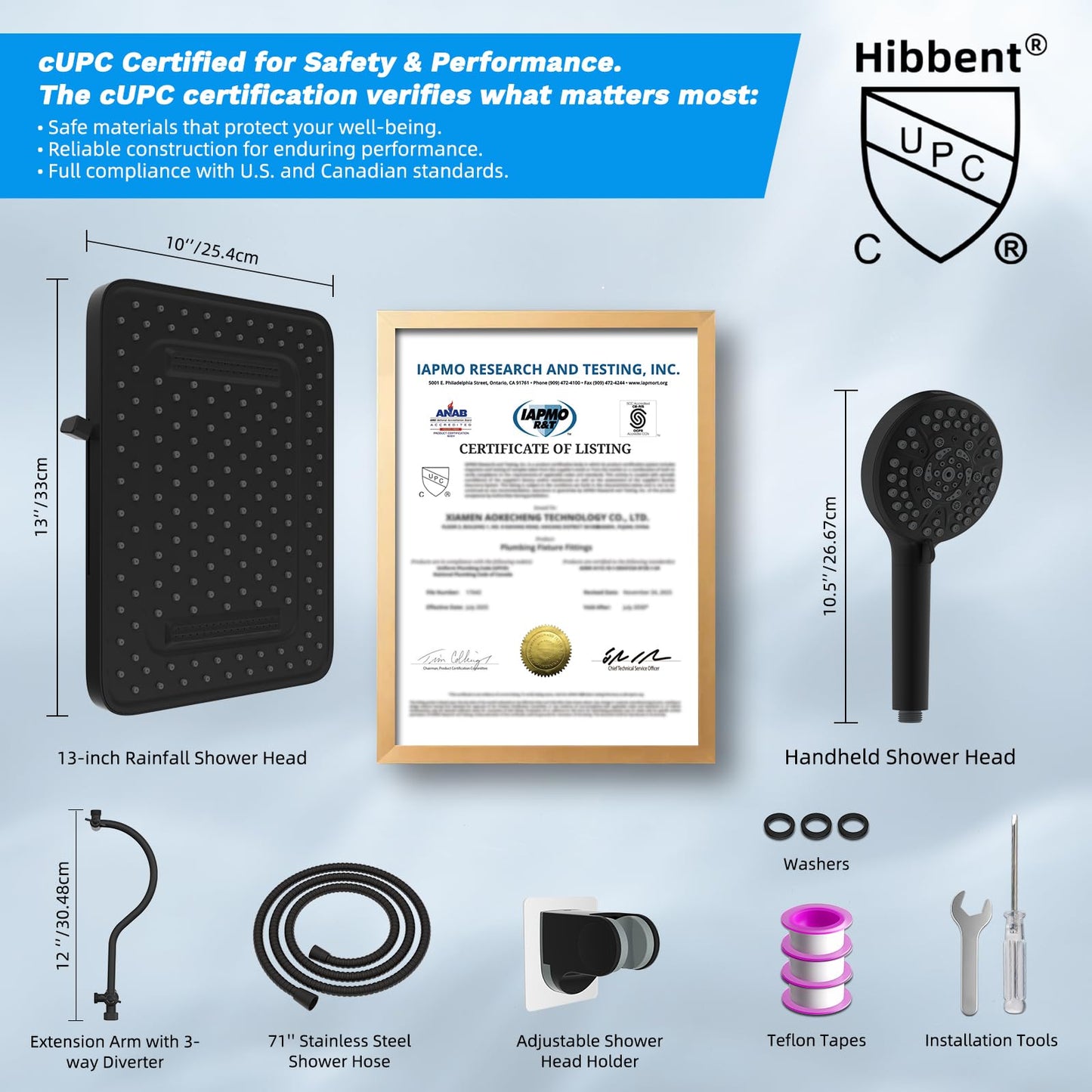 Hibbent cUPC Certified High Pressure 13'' Dual Shower Head Combo with 10-mode Handheld Spray, Rainfall 5-spray Shower Head, 12'' Adjustable Extension Arm, 71'' Hose, Showerhead Holder, Matte Black