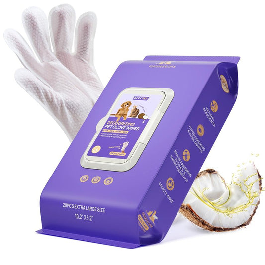 HICC PET Dog Wipes Cleaning Deodorizing Glove Wipes for Dogs, Cats & Horses, Vet Recommended Hypoallergenic Hydrating & Nourishing Pet Wipes for Eyes, Ears, Butt & Paws, No-Rinse, 20pcs Coconut Scent