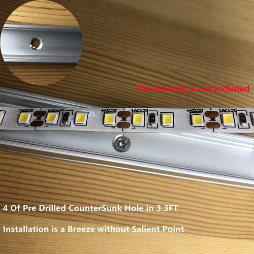 5-Pack Pre-Drilled Countersunk Hole 3.3FT/100CM LED Strip U Channel Diffuser, Hacksaw Easy Cut Flush Mounted Under Cabinet Tape Light Aluminum Track Low Profile with Mounting Spares